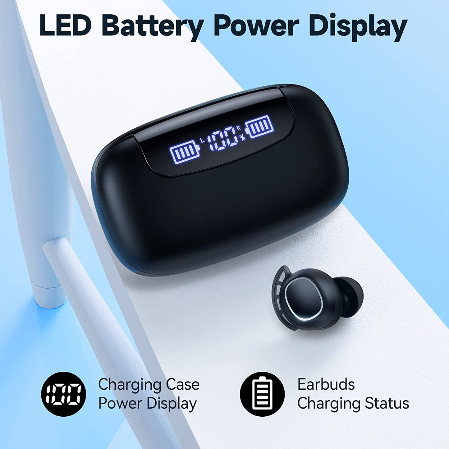 Bluetooth Headphones Wireless Earbuds 120H Playtime Ear Buds IPX7 Waterproof Earphones Digital Power Display Headsets with Charging Case and Mic for Sports Fitness Laptop TV Computer Cell Phone Games
